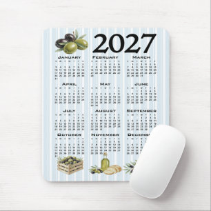 2027 Calendar, Mediterranean Olives, Blue Stripes Mouse Pad