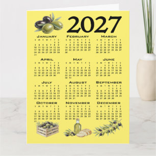 2027 Calendar, Mediterranean Olives. Yellow Card