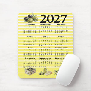 2027 Calendar, Mediterranean Olives Yellow Stripes Mouse Pad