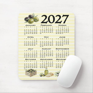 2027 Calendar, Mediterranean Olives Yellow Stripes Mouse Pad