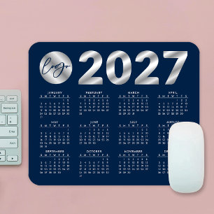 2027 Calendar Navy Blue & Silver Company Logo Mouse Pad