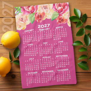 2027 Calendar Painted Watercolor Flowers hot pink Kitchen Towel