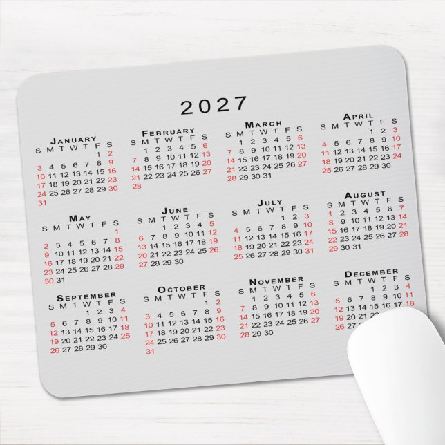 2027 Calendar Simple Gray Black Red Mouse Pad (2027 Calendar Simple Gray Black Red Mouse Pad in situ)