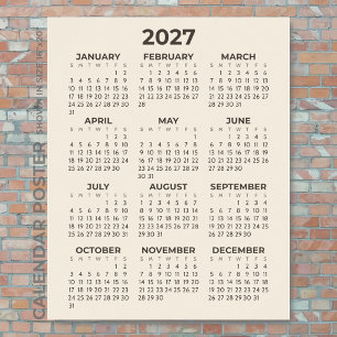 2027 Calendar Simple Modern Warm Beige Wall Poster