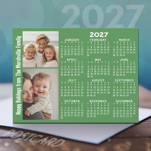 2027 Calendar with 2 Photo Collage - Green Holiday Postcard
