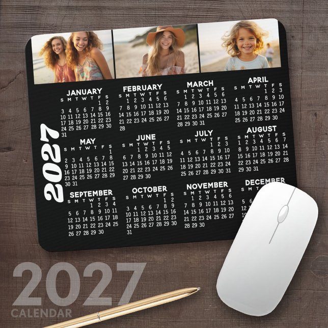 2027 Calendar with 3 Photo Collage - black  Mouse Pad (2027 Calendar Mousepad)