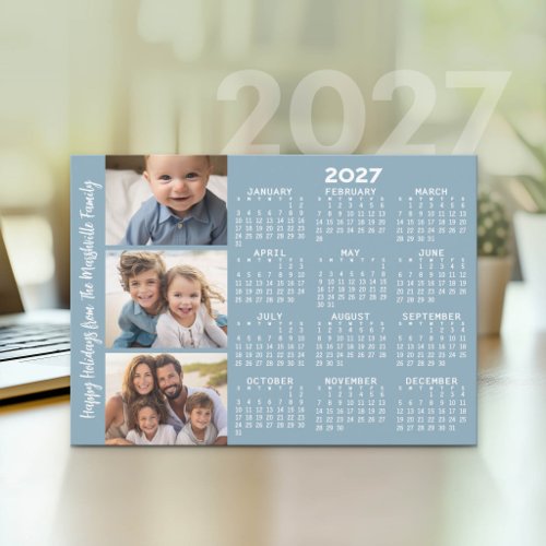 2027 Calendar with 3 Photo Collage - blue Holiday Card
