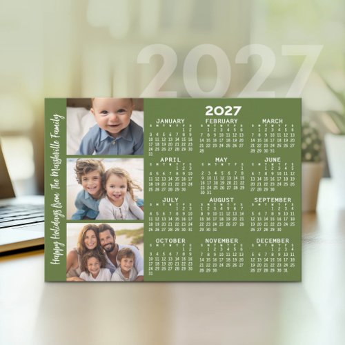 2027 Calendar with 3 Photo Collage - green Holiday Card
