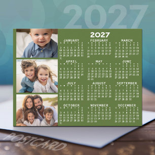 2027 Calendar with 3 Photo Collage - green Holiday Postcard
