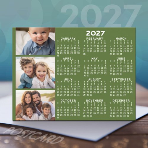 2027 Calendar with 3 Photo Collage - green Holiday Postcard