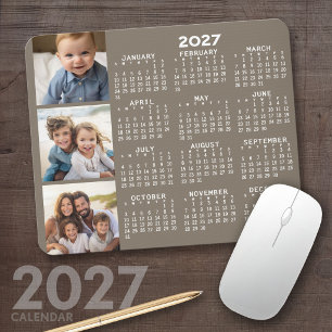 2027 Calendar with 3 Photo Collage - taupe Mouse Pad