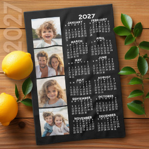 2027 Calendar with 4 Photo Collage Black Kitchen Towel