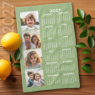 2027 Calendar with 4 Photo Collage - Sage Green Kitchen Towel