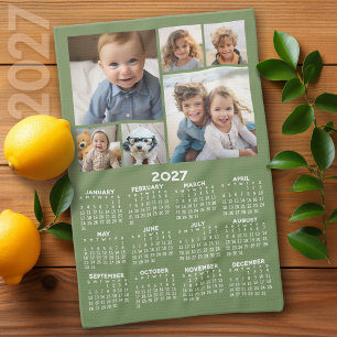 2027 Calendar with 6 Photo Collage - Sage Green Kitchen Towel