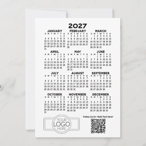 2027 Calendar with Business Logo and QR Code Holiday Card