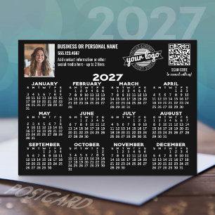 2027 Calendar with logo, QR Code, Photo BLACK Postcard