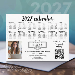2027 Calendar with logo, QR Code, Photo White Postcard