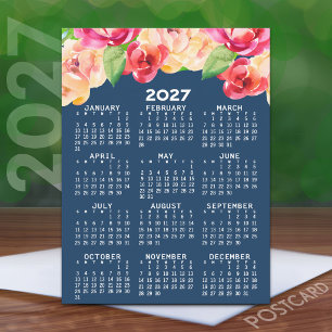 2027 Calendar with Painted Watercolor Flowers Postcard