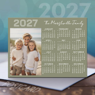 2027 Calendar with Photo - Basic Green Minimal Holiday Postcard