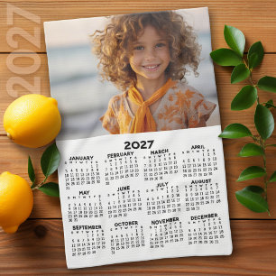 2027 Calendar with Photo - Year View - Black White Kitchen Towel