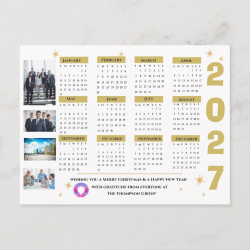 2027 Corporate Calendar Company Photo Gold Stars Holiday Postcard