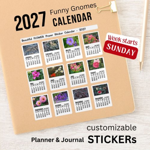 2027 Flower Photo Calendar Sunday Week Stickers