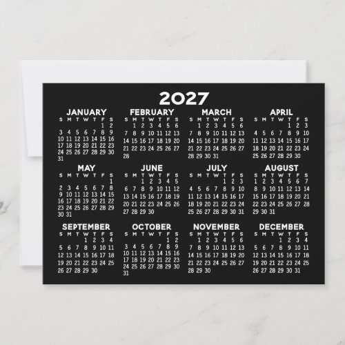 2027 Full Year View Calendar - horizontal Black Holiday Card