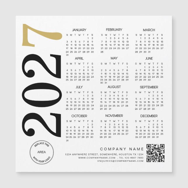 2027 Gold White Calendar Logo QR Code Business (Front)