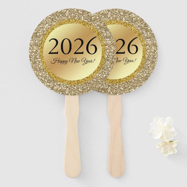 2027 happy new year,gold metallic sparkles  hand fan (Front and Back)