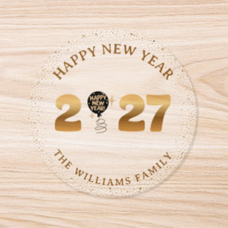 2027 Happy New Year Gold Sparkle Family Clear Classic Round Sticker
