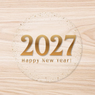2027 happy new year,gold sparkles clear classic round sticker