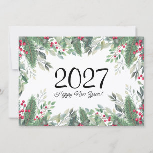 2027,Happy new year!holiday greenery red berries Note Card