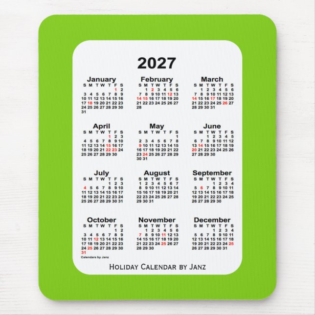 2027 Holiday Yellow Green Calendar by Janz Mouse Pad (Front)