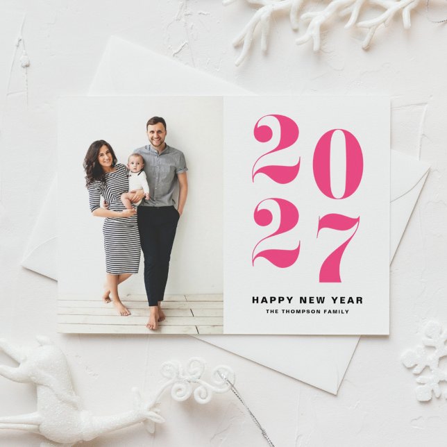 2027 Hot Pink Bold Typography New Year Photo Holiday Postcard (Send warm wishes with this photo New Year postcard featuring 2027 in hot pink retro typography. )