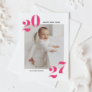 2027 Hot Pink Retro Bold Typography Photo New Year Holiday Postcard