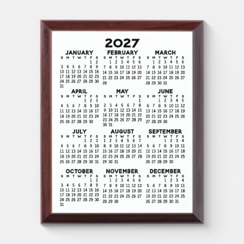 2027 Minimalist Simple Black Calendar Award Plaque