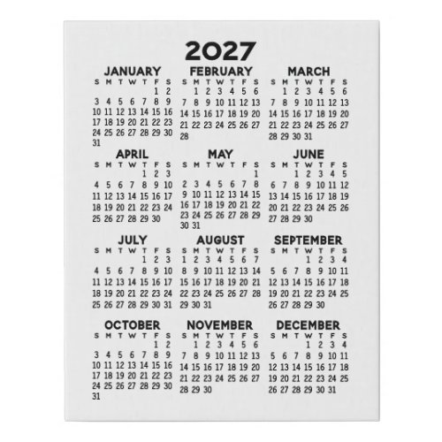 2027 Minimalist Simple Black Calendar Faux Canvas Print