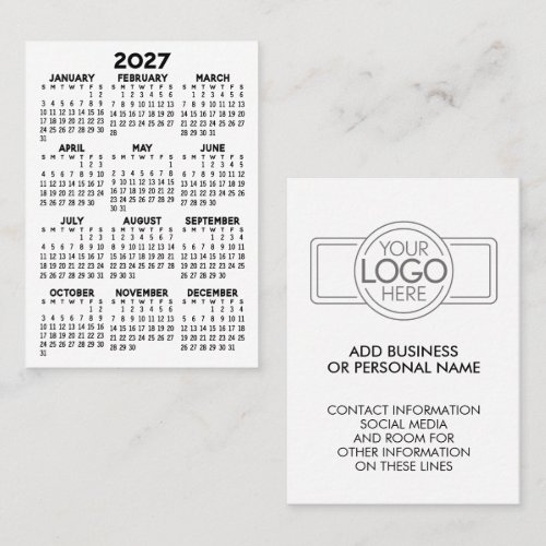 2027 Minimalist Simple Mini Calendar with Logo Business Card