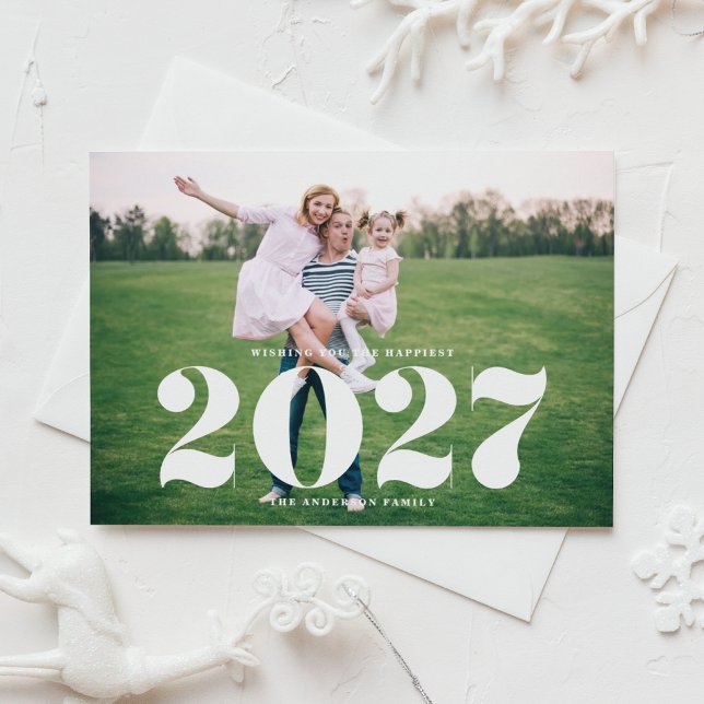 2027 Modern Bold Typography Horizontal New Year Holiday Postcard (Send holiday wishes with this modern photo New Year postcard featuring 2027 in bold typography.)
