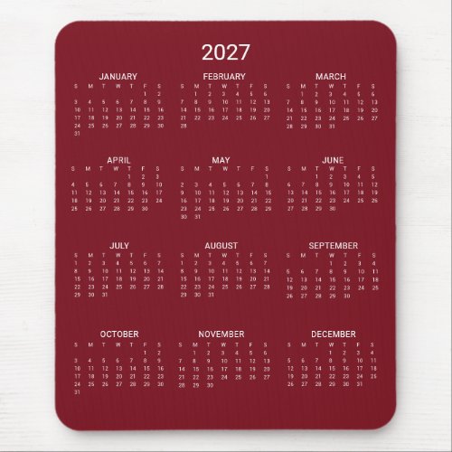 2027 Modern Minimalist Burgundy Maroon Calendar Mouse Pad