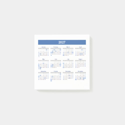 2027 Monthly Calendar Blue Version Post-it Notes