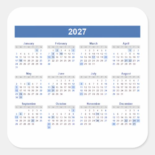 2027 Monthly Calendar Blue Version Square Sticker