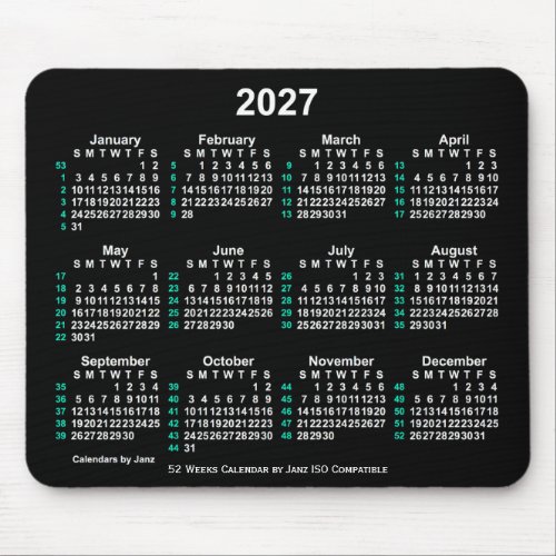 2027 Neon White 52 Weeks ISO Calendar by Janz Mouse Pad