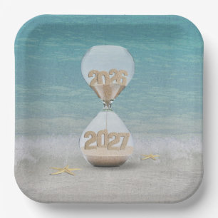 2027 New Year Hourglass on Beach Paper Plates