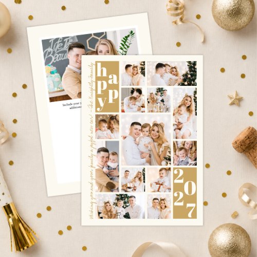 2027 New Year Photo Collage Gold Ivory Holiday Card