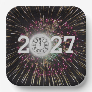 2027 New Years Eve Moon And Clock Paper Plates