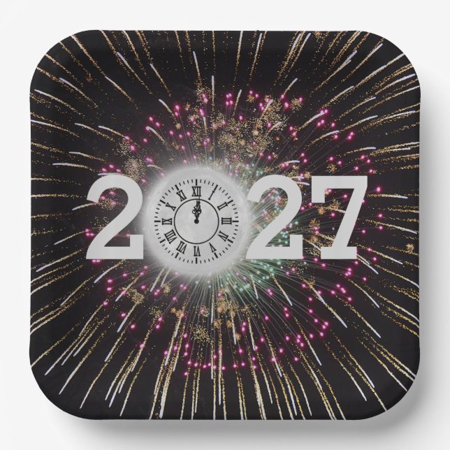 2027 New Years Eve Moon And Clock Paper Plates (Front)