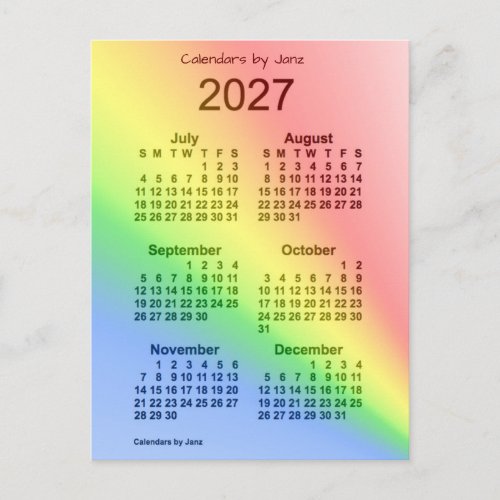 2027 Rainbow 6 Month Mini Calendar by Janz Postcard