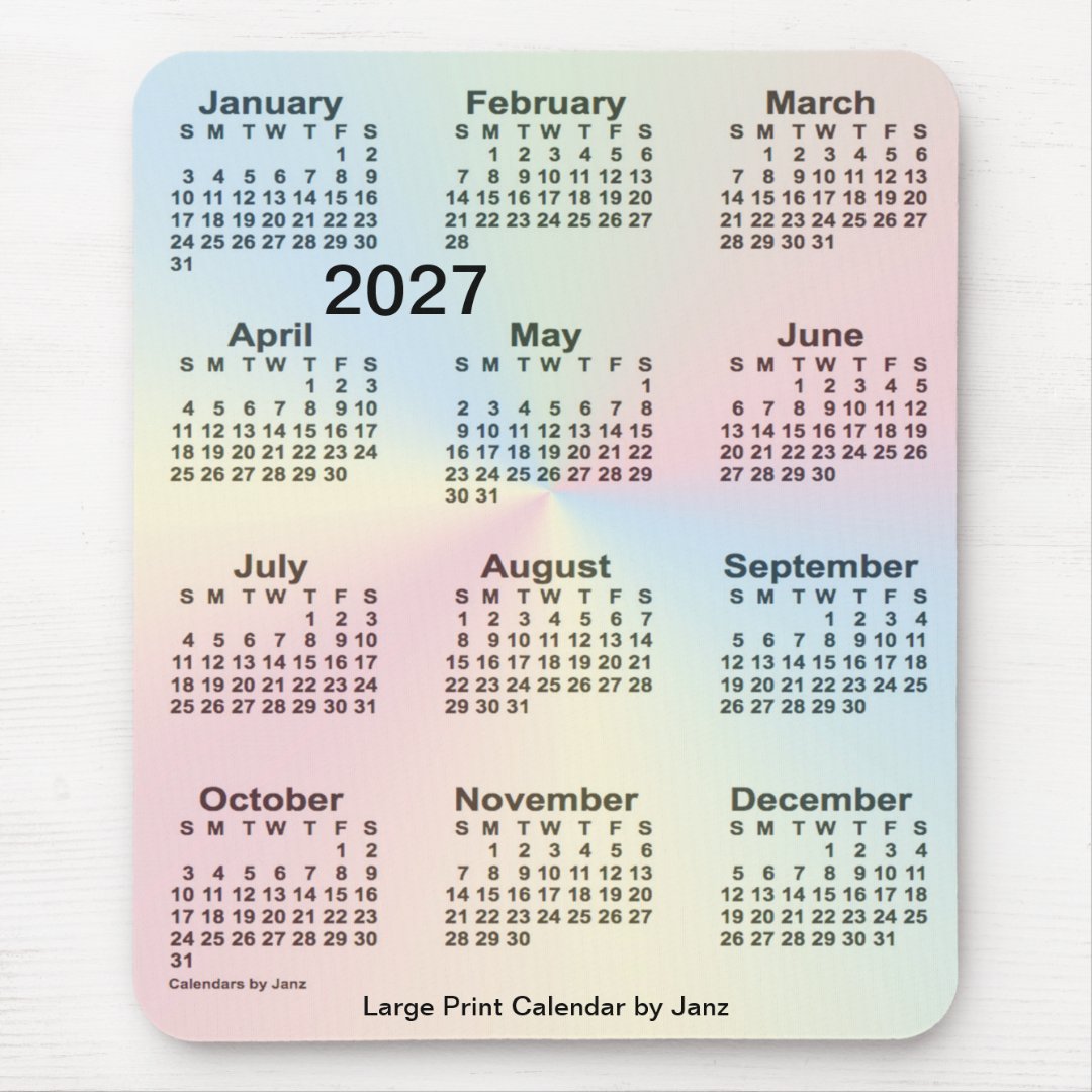 2027 Rainbow Cloud Large Print Calendar by Janz Mouse Pad | Zazzle