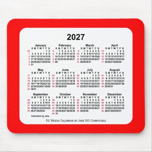 2027 Red 52 Weeks ISO Calendar by Janz Two Tone Mouse Pad